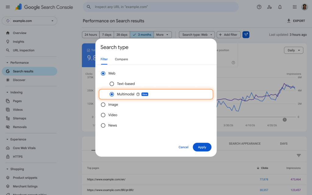 google search console multimodal search filter
